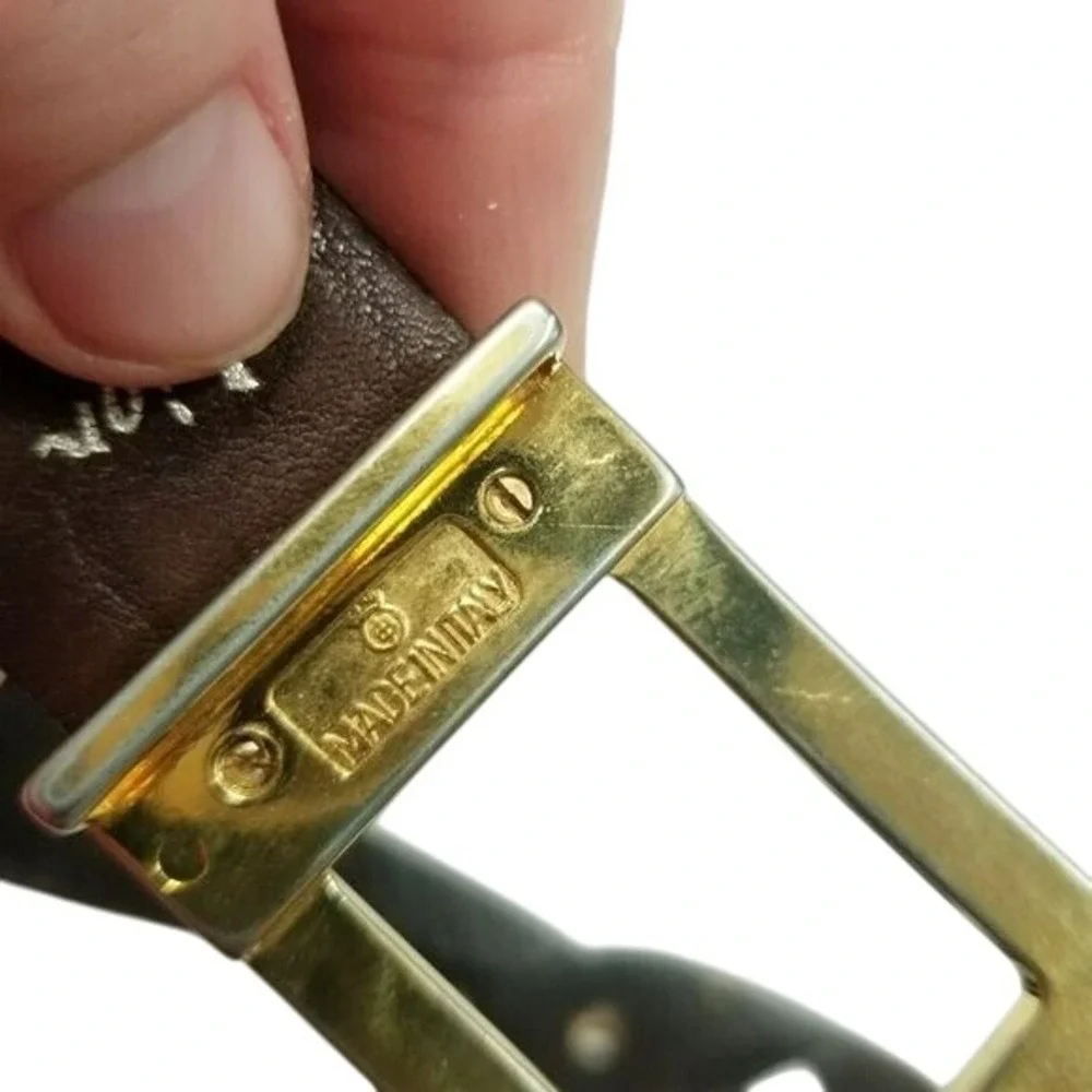 Vintage Lejon Glove Leather Belt Size 36 Brown Gold Buckle Square‎ Pin Closure